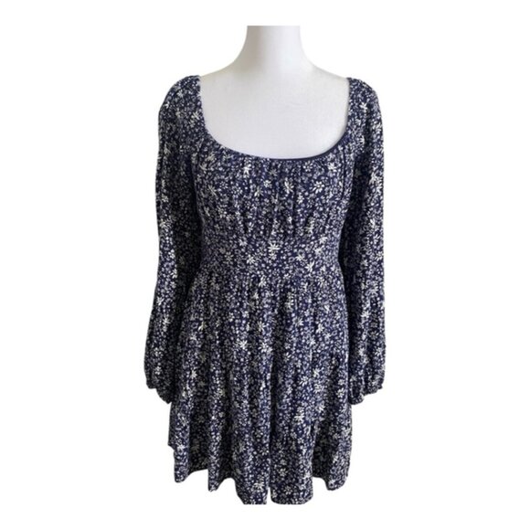 Altar'd State Floral Navy Dress Sleeve Size L Back Bow Tie Long Sleeve - Picture 8 of 8